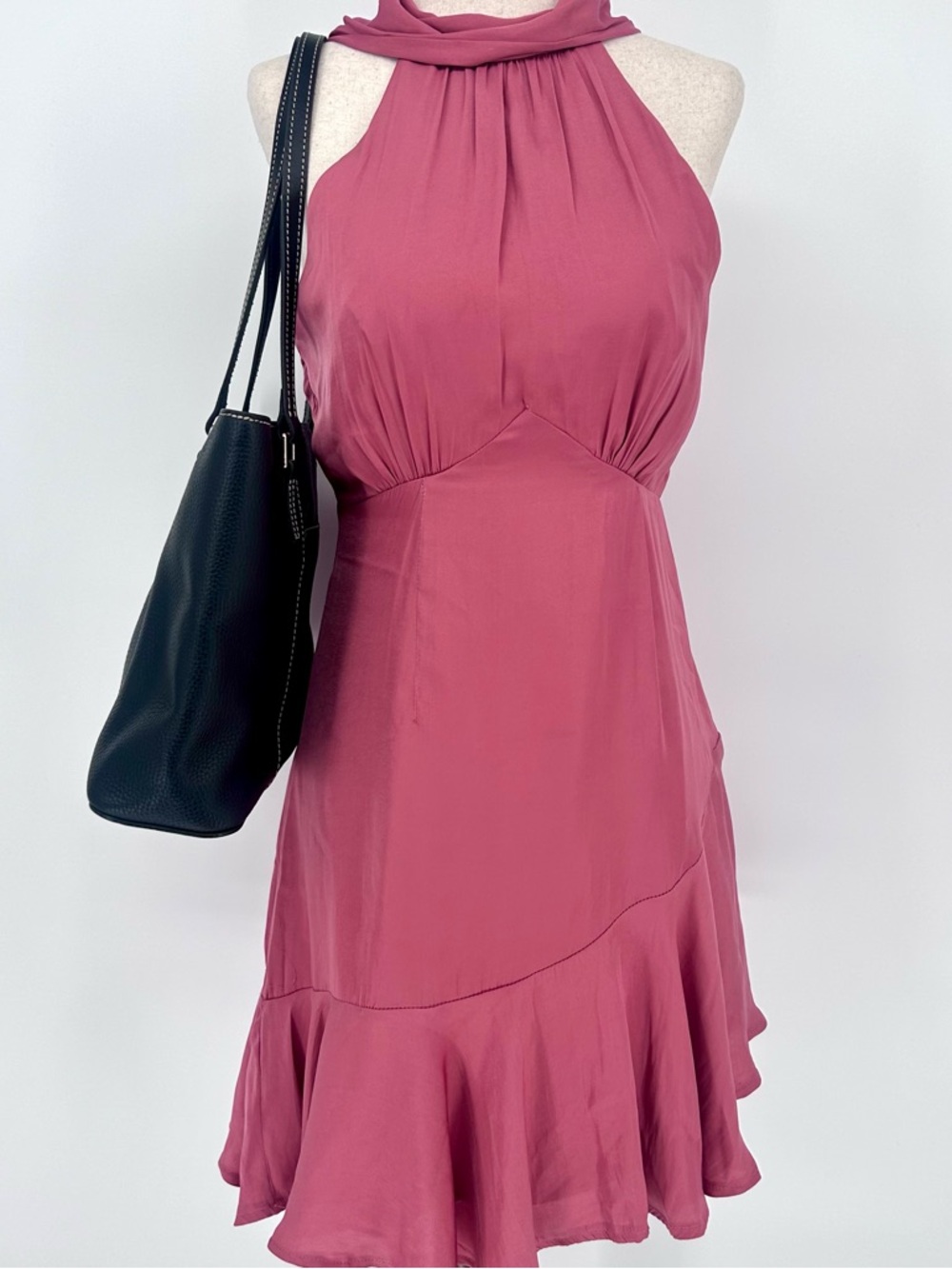Mauve Halter Mini Dress High Neck Tie Back Romantic Date Night Dress